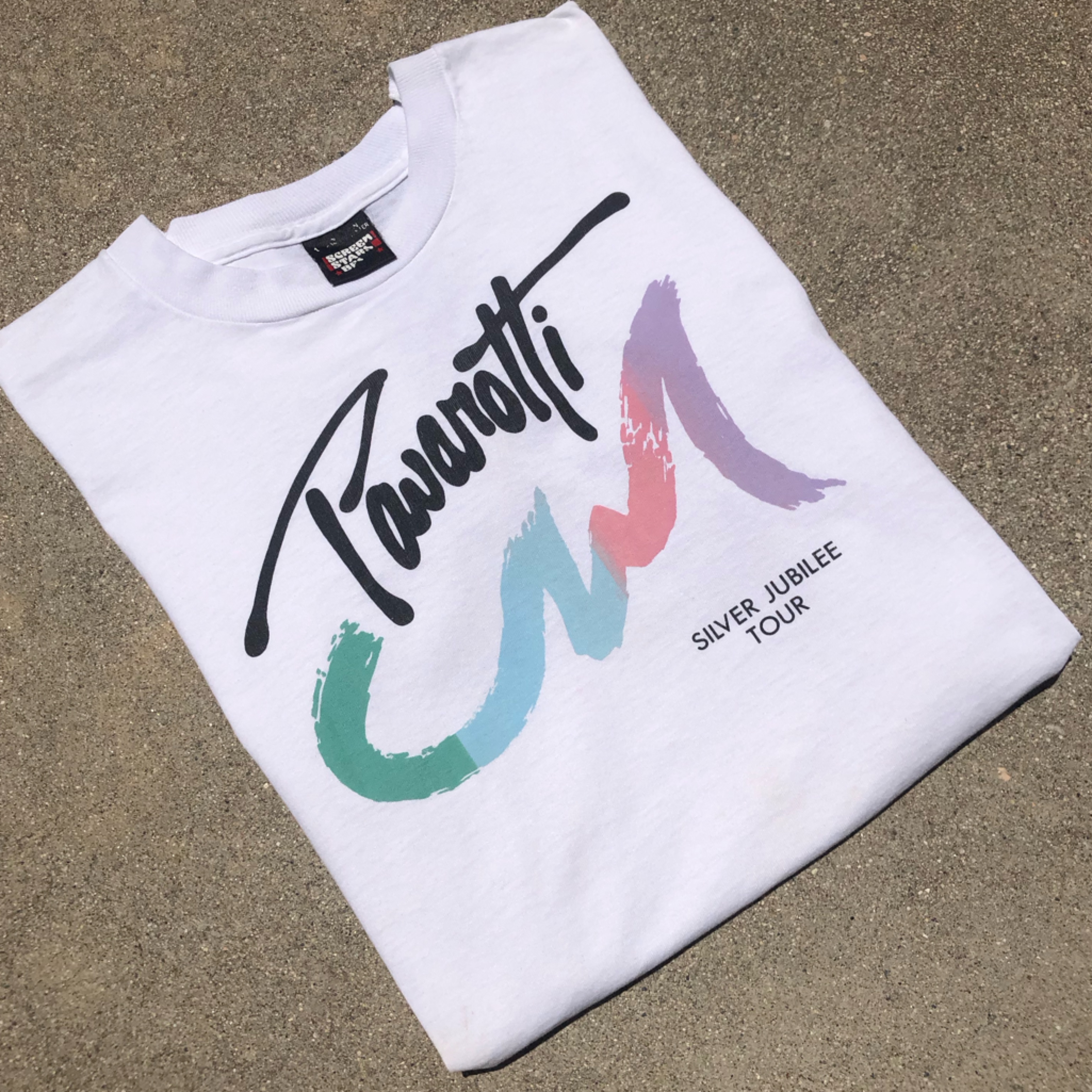 Vtg 80s Luciano Pavarotti Silver Jubilee Tour Screen Stars White Tee Medium